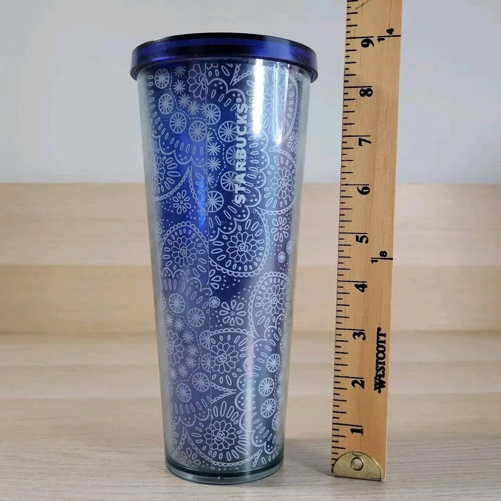 Starbucks Blue & White Floral Cup Venti 24oz Tumbler Lid Travel Cold Coffee Mug
